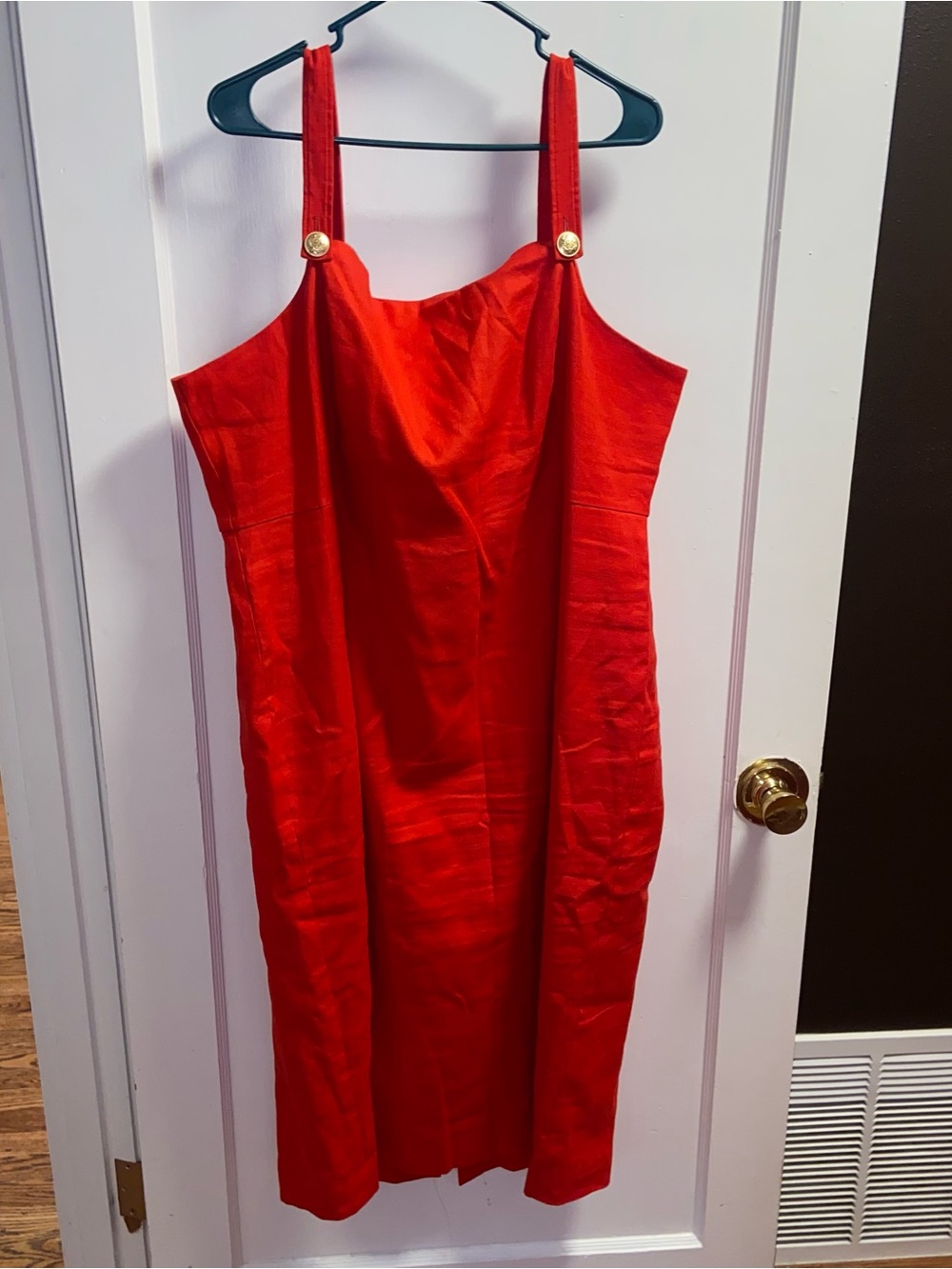 J. Crew Red linen blend Sleeveless Midi Dress with Gold Button Straps